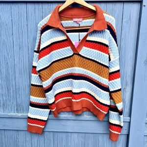 THML Textured Large Stripe Sweater Orange Blue White Knit Boho Retro‎ Colorful
